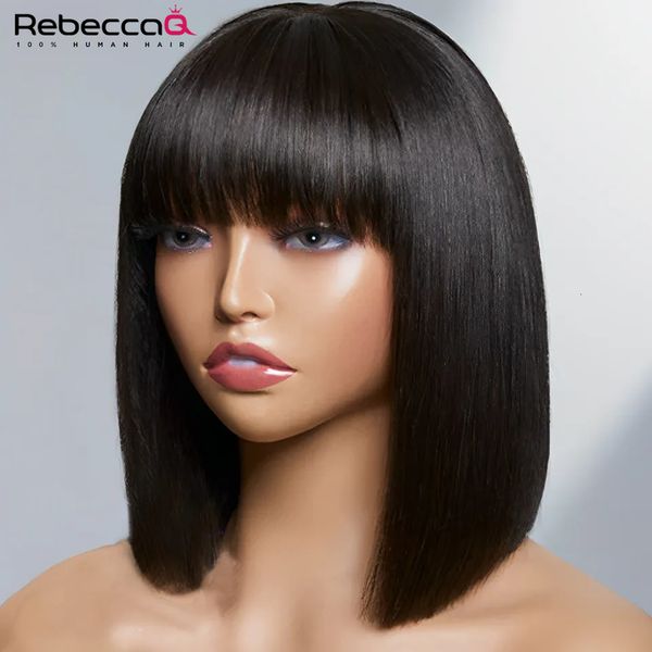 

synthetic wigs short bob wig with bangs glueless human hair wig ready to go straight hair bob wigs brazilian remy full machine wigs for wome, Black