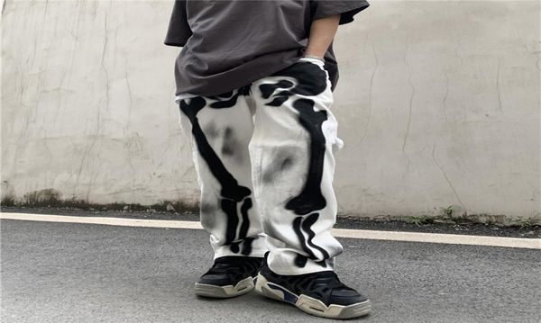 

fashion men039s original graffiti print torn jeans straight large size casual denim trousers high street loose pants8826046, Black