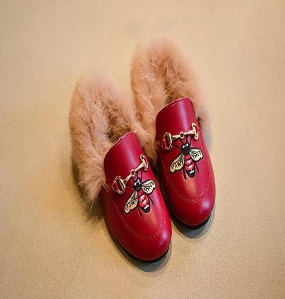 

faux fur girls embroidery child girls plush velvet loafer shoes baby girls princess party shoes kids pu shoes2300947, Black;red