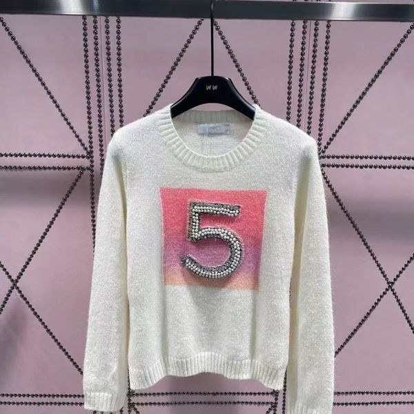 

designer women's alphanumeric pearl limited edition style star loose crew-neck sweater sweater top, White