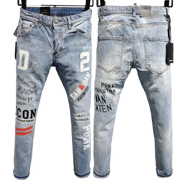 

men's jeans slim fitting cotton elastic light color printing laser, Blue