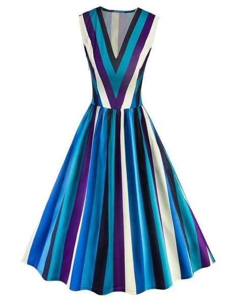 

vintage women party striped v neck sleeveless aline dress fashion girls ladies summer blue elegant retro dresses dk4126sy2785298, White;black