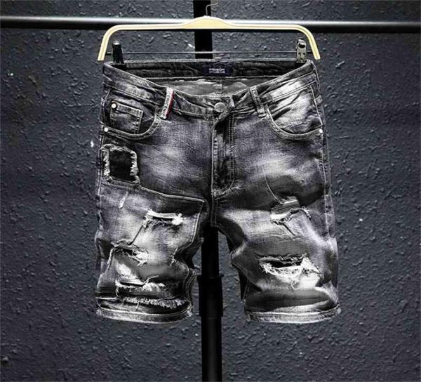 

men gray ripped denim shorts new summer holes black short jeans soft cotton stretch jean short knee length jeans 21046225866, White;black