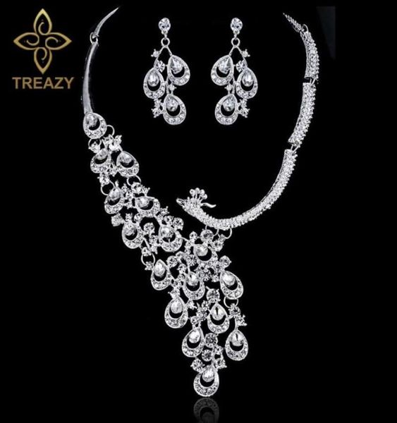 

luxury silver color crystal bride wedding jewelry set charm peacock design necklace earrings set women bridal party jewelry d181004342961