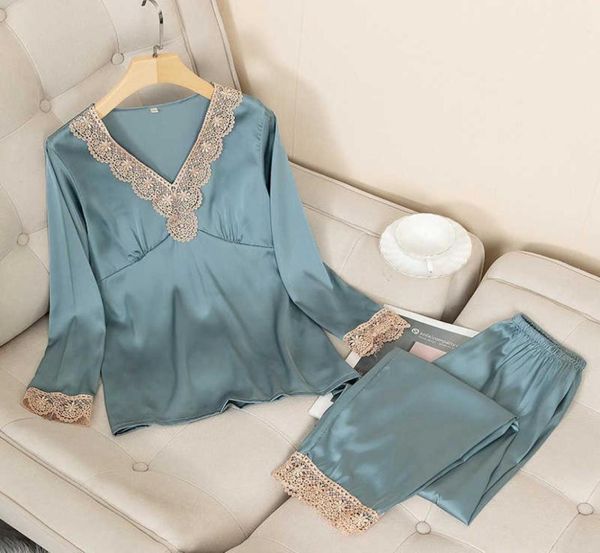 

nightwear pyjamas pajamas set satin long sleeve women 2 piece pjs sets casual lace sleepwear shirtpants silky intimate lingerie q2949908, Black;red