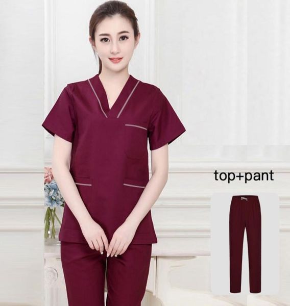

dental grown women scrubs work clothes short sleeves nursing uniform solid color scrubs set lab coatsuits whole sets8658609, White