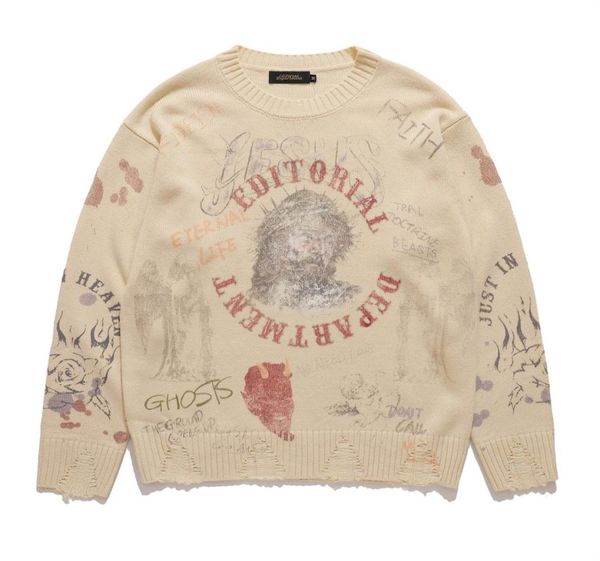 

sweaters men039s vintage printed knitted hip hop pullover sweater streetwear fashion casual loose 9404515, White;black