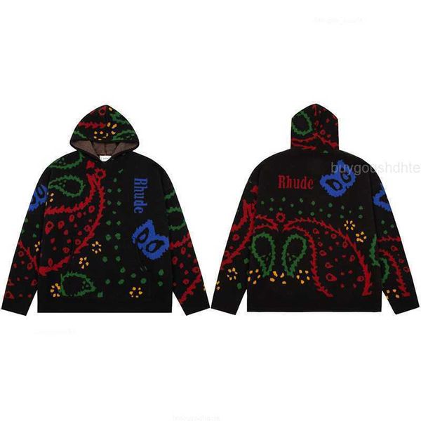 

harajuku winter rhude high street couple retro jacquard all over printing cashew flower hooded sweater knitwear men pullover, White;black