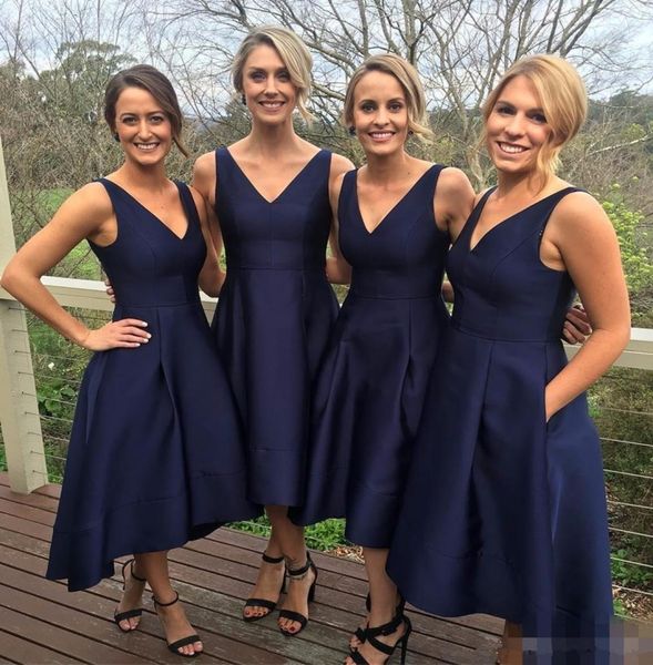 

navy blue short bridesmaid dress vneck sleeveless zipper tealength with pockets high low aline wedding party guest4720436, White;pink