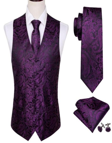 

4pc mens silk vest party wedding purple paisley solid floral waistcoat vest pocket square tie slim suit set barrywang bm20209105095, Black;white