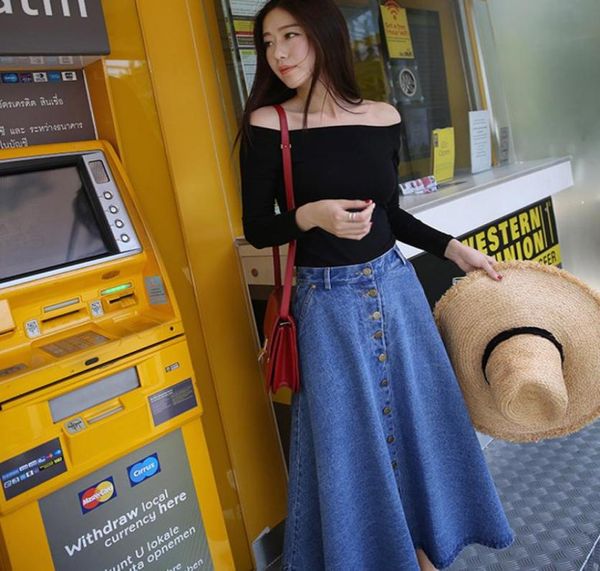 

wholedanjeaner harajuku vintage denim skirts autumn winter high waist aline long skirts women anklelength jean jupe femme23335081803907, Black