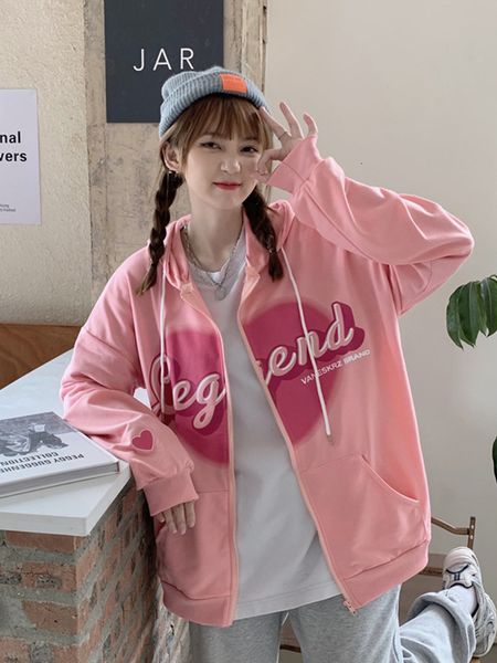 

women's hoodies sweatshirts korean zip loose kawaii hoodie print thin heart letter cardigan long sleeve couple harajuku casual pullover, Black