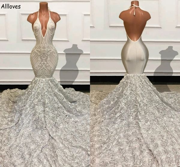 

beautiful silver 3d rose flowers lace mermaid prom dresses arabic aso ebi halter slim and flare women formal party gowns backless long eveni, Black