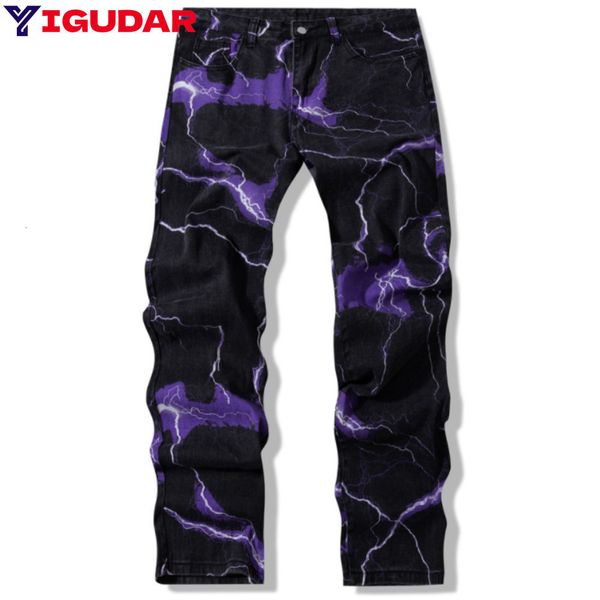 

mens jeans lightning print tie dye men straight y2k trousers hip hop vintage japanese men denim pants ropa hombre streetwear 230809, Blue