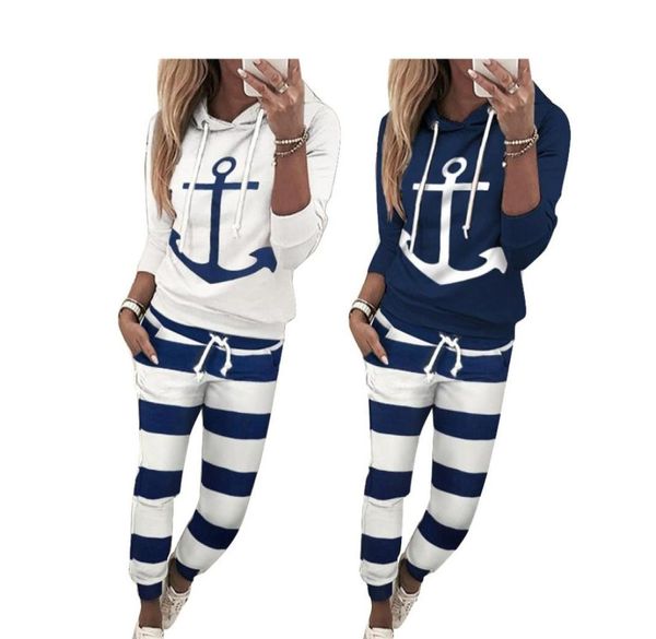 

women039s two piece sets autumn and winter style characteristic navy long anchor printing fleece casual sport lady suit at 38059916002022, White