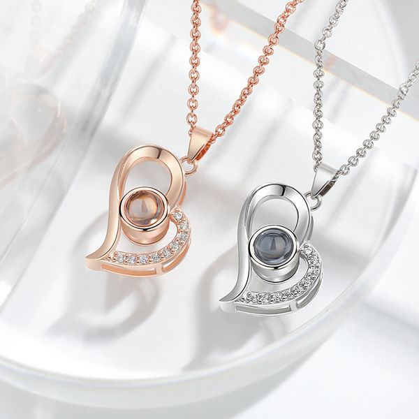 

necklace women heart shape shiny rose gold/silver jewelry collier female designer autumn winter cz hollow sweater chainprojection stone pend