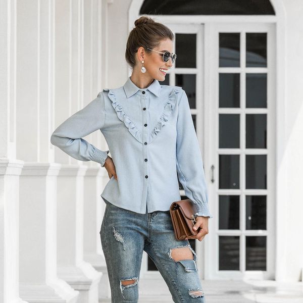 

women's blouses shirts women elegant corduroy shirt solid turn-down collar ruffles blouses female casual lantern sleeve button ladies, White