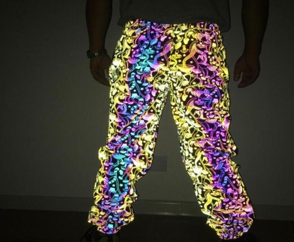 

women kawaii mushroom colorful reflective pants elastic waist mens hip hop joggers reflect light sweatpants66678315601165, Black