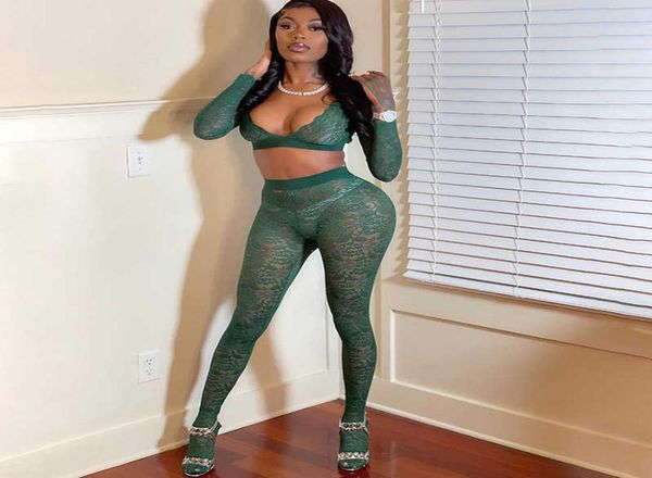 

lace sheer two piece set women 2021 summer long sleeve crop oot leggings see through party clubwear outfits x07093395013, Gray