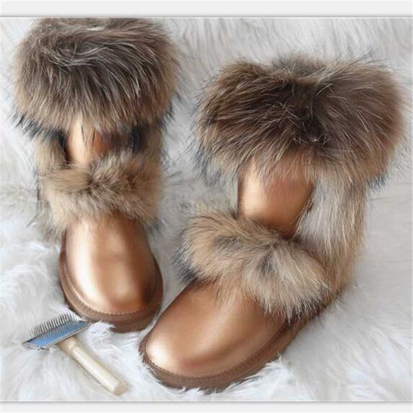 

boots new 2022 waterproof leather fox fur ladies winter snow boots women's shoes leather natural trendy shoes mid-tube warm snow boots, Black
