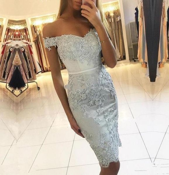 

2020 new short women silver cocktail dresses sheath off shoulder lace appliques beads prom dresses knee length party dress homecom4546376, Black