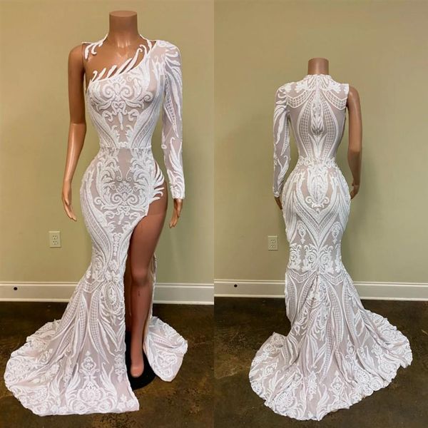 

2020 african black girls evening dresses jewel neck sparkly sequined high side split mermaid prom dress long sleeve formal gowns255w, Black;red