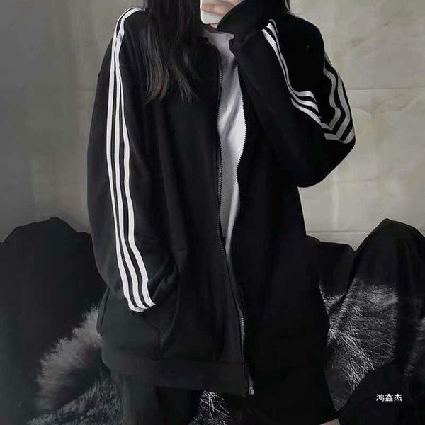 

women's hoodies sweatshirts niche design sense thin style striped sleeve zipper sweatshirts autumn hoodies loose versatile hoody ladies, Black
