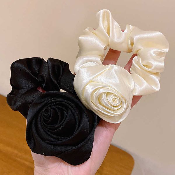 

rose flower hair rope french style retro gentle large flower intestine hair ring artistic satin gloss rose hair accessorie, Slivery;white