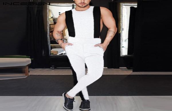 

men jumpsuit patchwork sleeveless joggers 2021 fashion casual overalls workout o neck streetwear rompers pants incerun s5xl men3671132, Black
