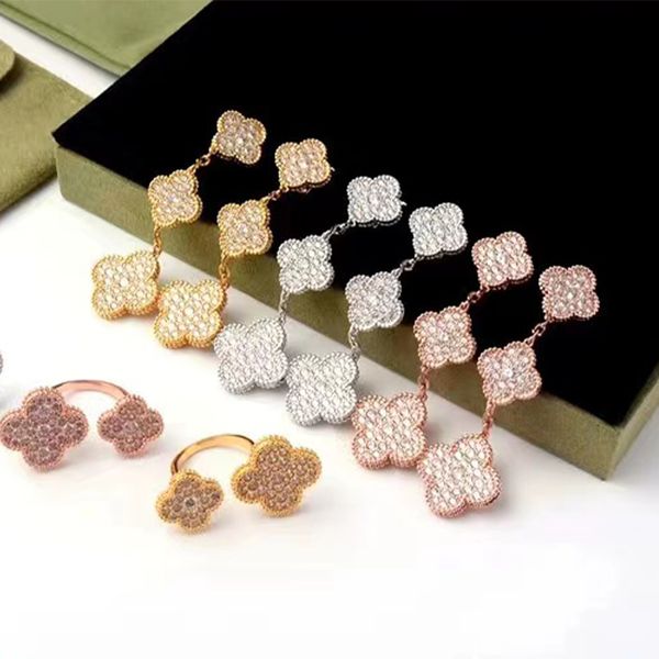 

brand fashion clover earrings luxury crystal full diamond three flower earrings gift 18k gold designer earrings for women, Silver