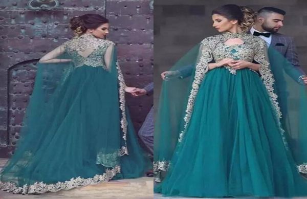 

gorgeous 2018 teal tulle arabic dresses evening wear with pretty lace appliques high collar wraps formal gowns custom made en100787234434, Black;red