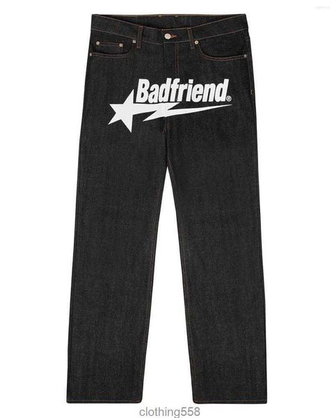 

y2k jean hip hop badfriend letter printing baggy pants harajuku fashion punk rock wide foot trousers streetwear, Blue