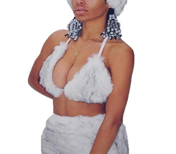 

women fashion winter warm halter faux fur triangle bra crop 9120786, Red;black