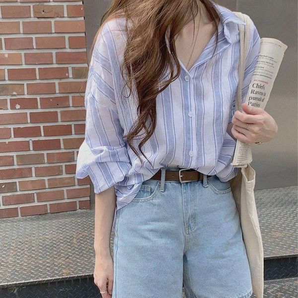 

summer style languid blue and blouses white striped sunblock shirt womens long sleeved temperament body casual top