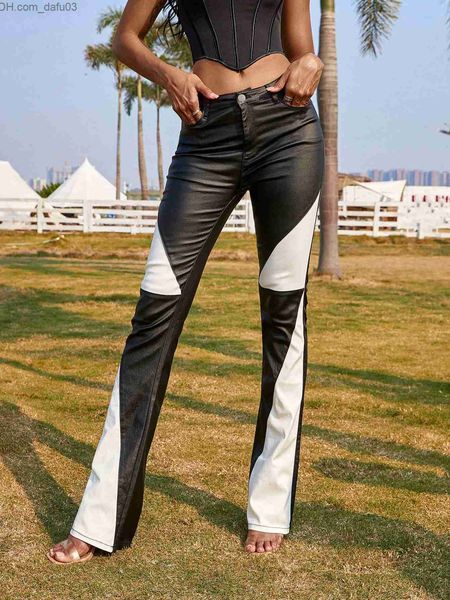 

women's pants capris 2023 women's fashion pants project dual tone tilt pocket thin wine bell bottom pu leather patch flame leg tro, Black;white