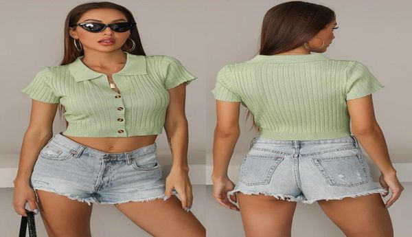 

summer new solid color lapel short sleeve tshirt women039s slim knit base shirt50821469885536, White