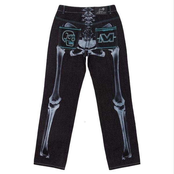 

mens jeans y2k skull print high waisted hiphop denim pants street male black dragging trouses gothic fashion loose baggy men clothing 230808, Blue