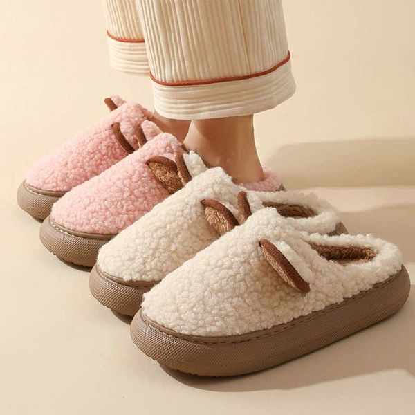 

slippers thick sole home lover winter shoes cute cartoon ear soft plush platform female male indoor slipper, Black