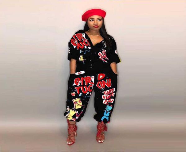 

women039s streetwear graffiti printed crosspants jumpsuit short sleeve turn down collar bodysuit casual loose overalls s1614106, Black;white