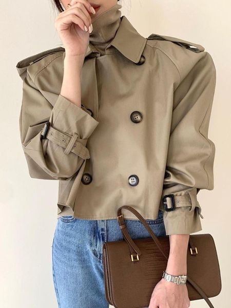

women's trench coats coat 23 spring autumn fashion polo neck double breasted short windbreaker temperament british style solid color 23, Tan;black