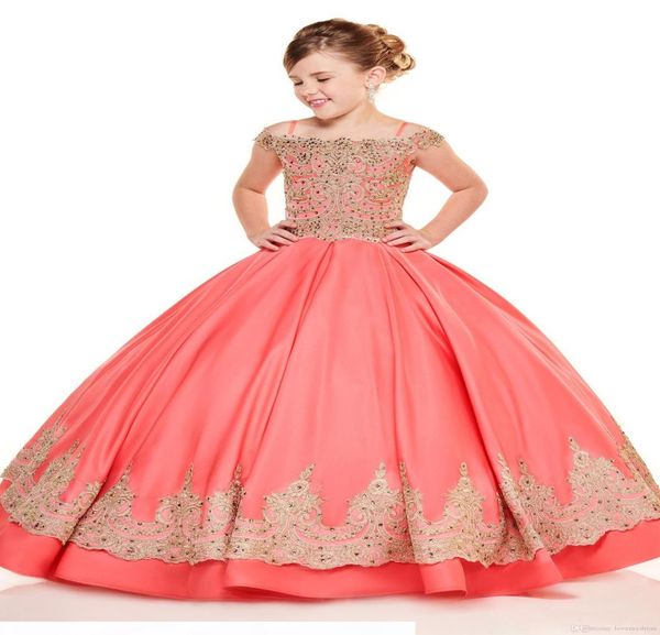 

coral ball gowns princess little girls pageant dresses gold embroidery beads cold shoulder flower girl dress for wedding party bir2183241, White;red