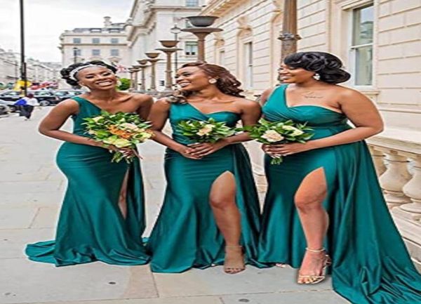

2023 split side mermaid bridesmaid dresses blush pink african one shoulder wedding guest gowns junior maid of honor dress rib9664682, White;pink