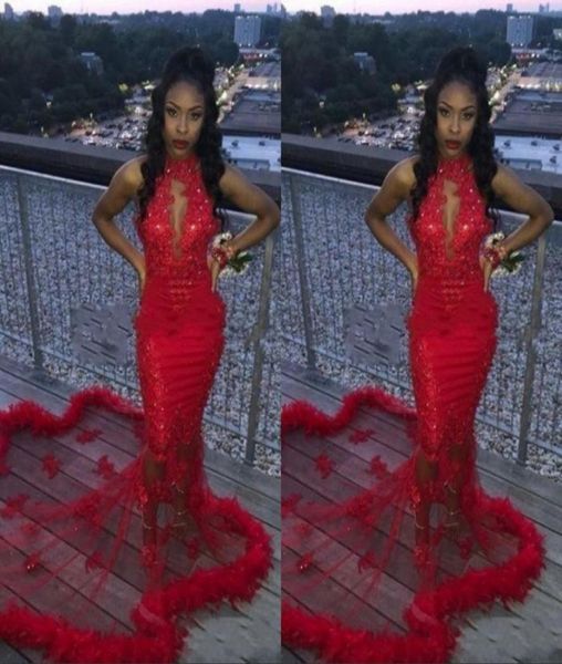 

red african 2k19 mermaid prom dresses feather sequined mermaid evening dress count train see through backless cocktail party 5543002, Black