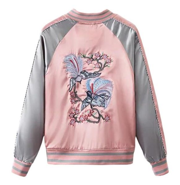 

floral birds embroidery souvenir bomber jacket women baseball pocket harajuku pink contrast satin duster coat sukajan5493263, Black;brown