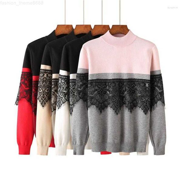 

women's sweaters winter turtleneck sweater lace stitching loose casual fashion 2023, White;black