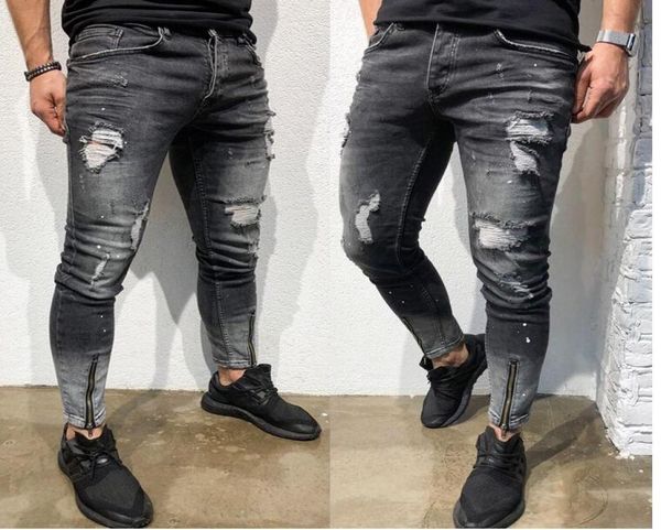 

mens stylish ripped skinny slim jeans fashion designer washed zipper panelled biker straight frayed stretch denim pants streetwear8005346, Blue
