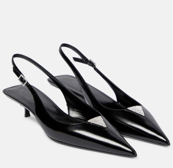 

summer women's sling sandals italian leather pointed crystal decorative middle heel shoes modern elegant women's dress party eu35-, Black