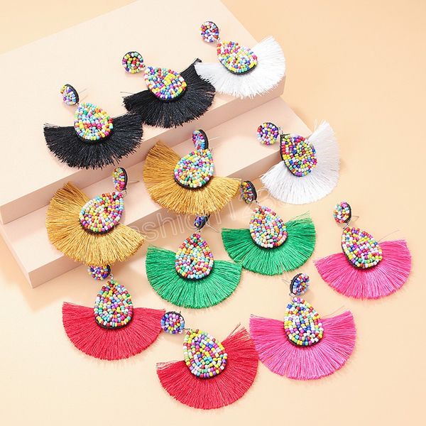 

vintage ethnic fan-shaped rice beads earrings for women bohemian colorful temperament statement tassel earrings trendy jewelry, Silver