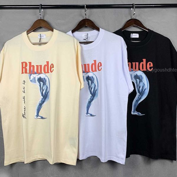 

rhude loose casual short-sleeved high street fashion clothing portrait printing tees men women all-match men's t-shirt summer, White;black