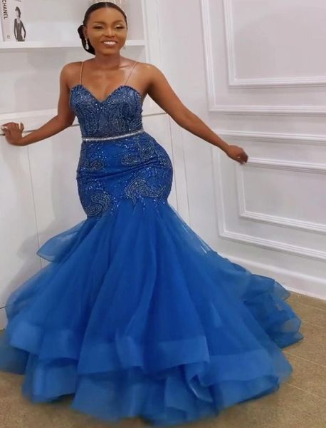 

2022 blue arabic mermaid evening dresses spaghetti straps crystal beading sleeveless sweep train black girls ruffles prom par2479329, Black;red
